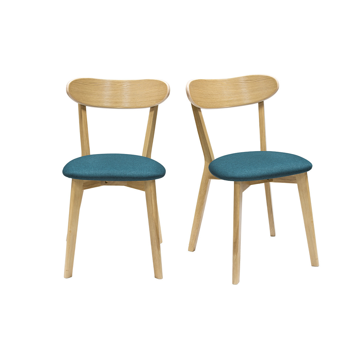 Chaises vintage en bois clair chêne et tissu bleu paon (lot de 2) DOVE