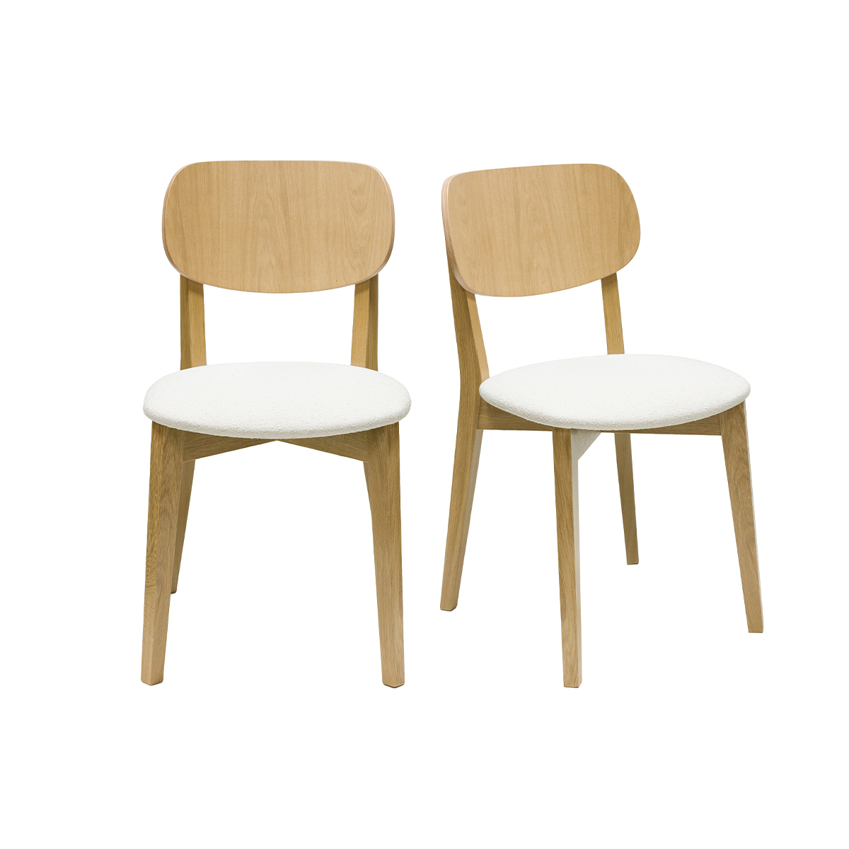 Chaises vintage en bois clair chêne et tissu effet laine bouclée blanc (lot de 2) LUCIA