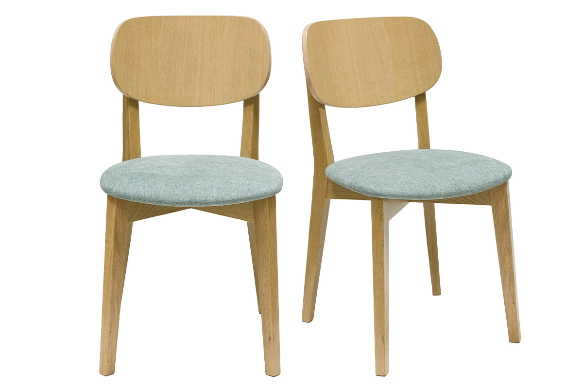 Chaises vintage en bois clair chne et tissu effet velours vert cladon (lot de 2) LUCIA