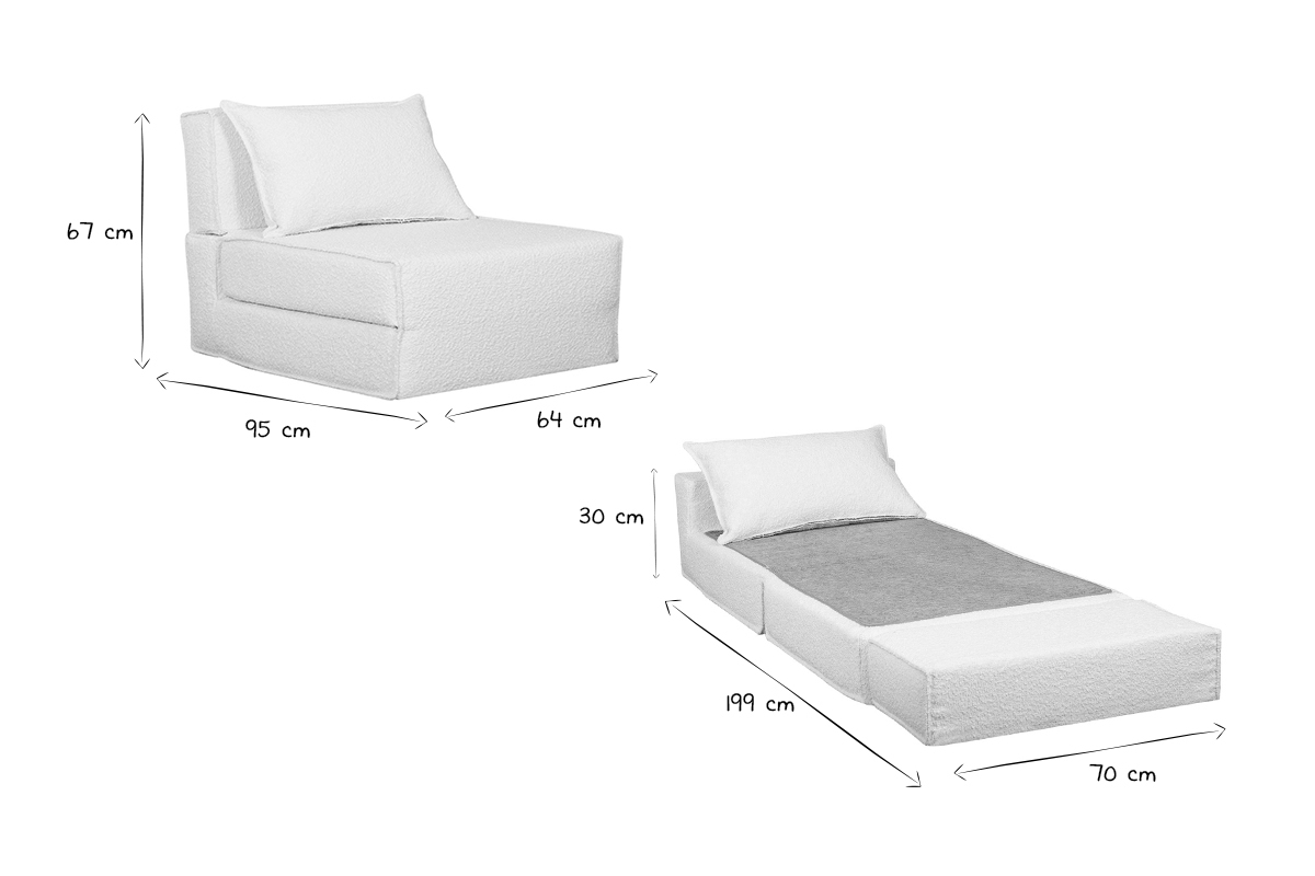 Chauffeuse 1 place convertible en tissu effet laine boucle blanc VICTOR