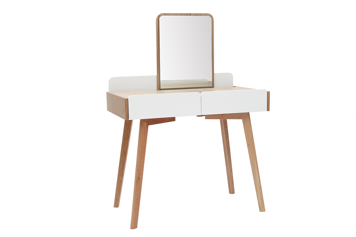 Coiffeuse moderne avec miroir et rangements bois et blanc TAYA