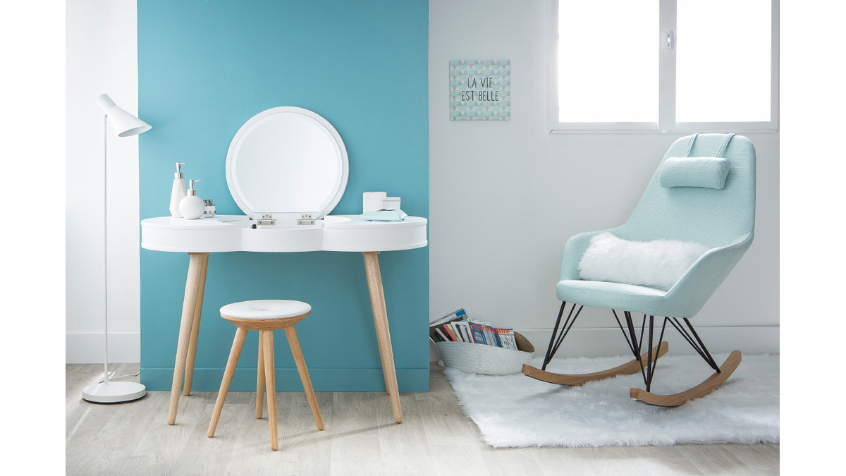 Coiffeuse scandinave bois blanc miroir rond NUBE