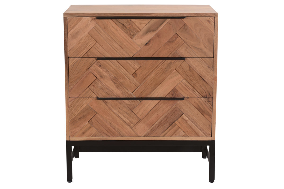 Commode  motifs chevrons en bois massif et mtal noir 3 tiroirs L70 cm STICK