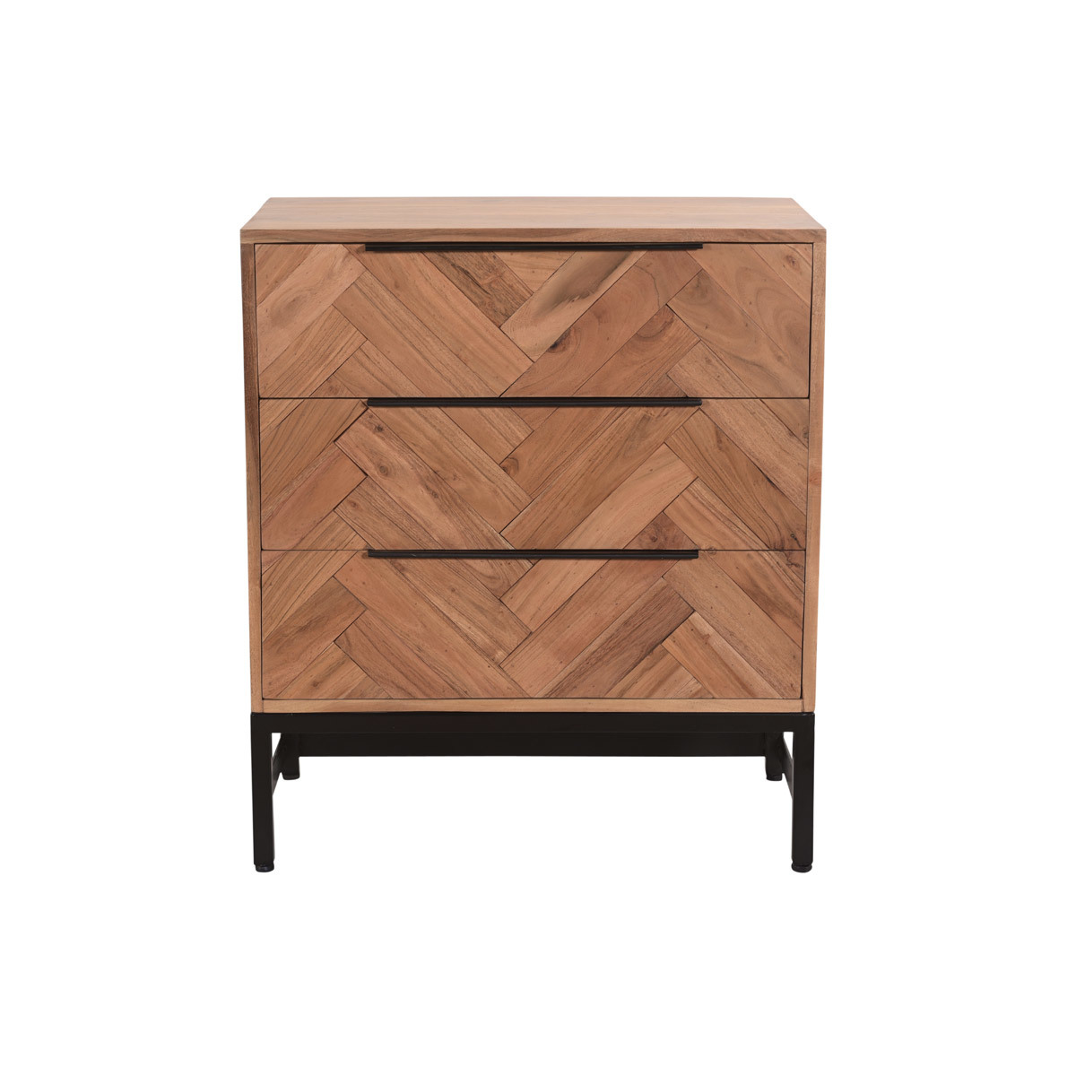 Commode à motifs chevrons en bois massif et métal noir 3 tiroirs L70 cm STICK