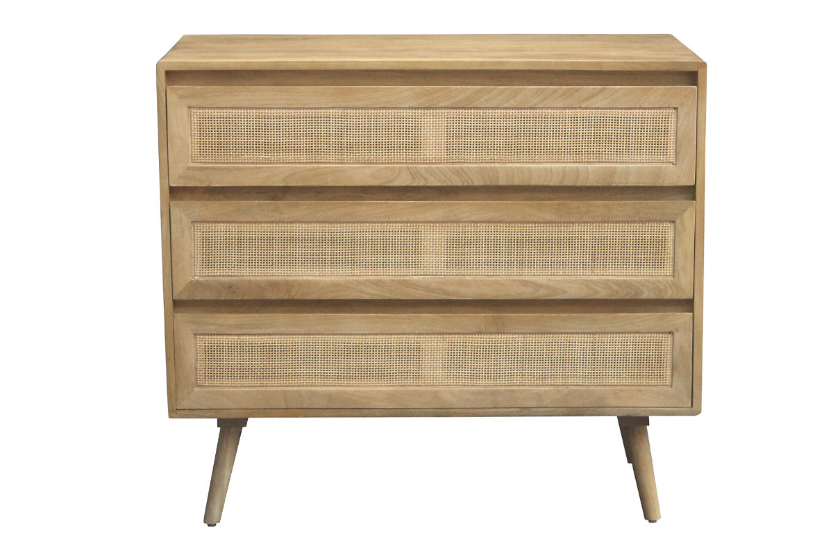 Commode en bois manguier massif et cannage rotin 3 tiroirs L90 cm ACANGE