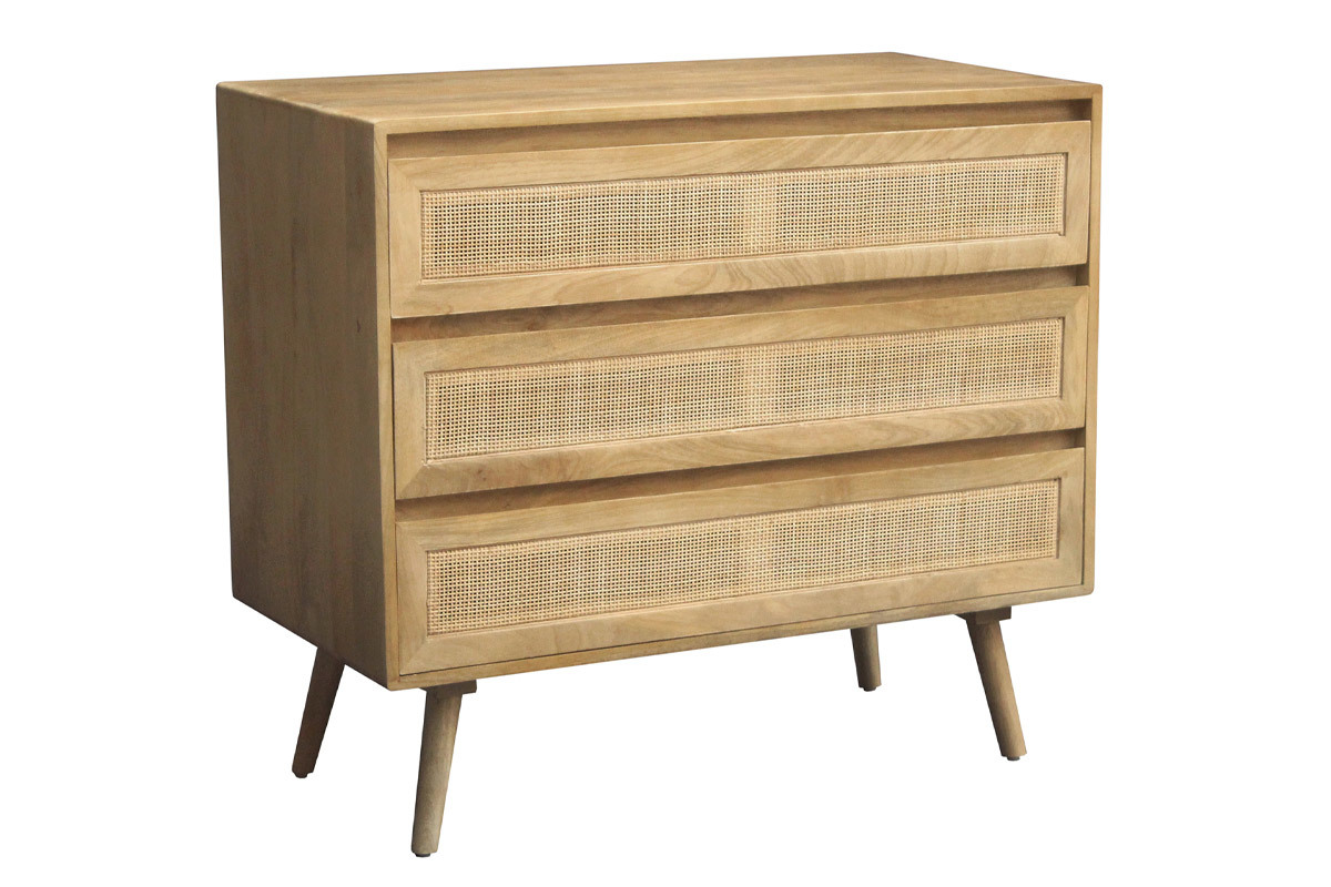 Commode en bois manguier massif et cannage rotin 3 tiroirs L90 cm ACANGE