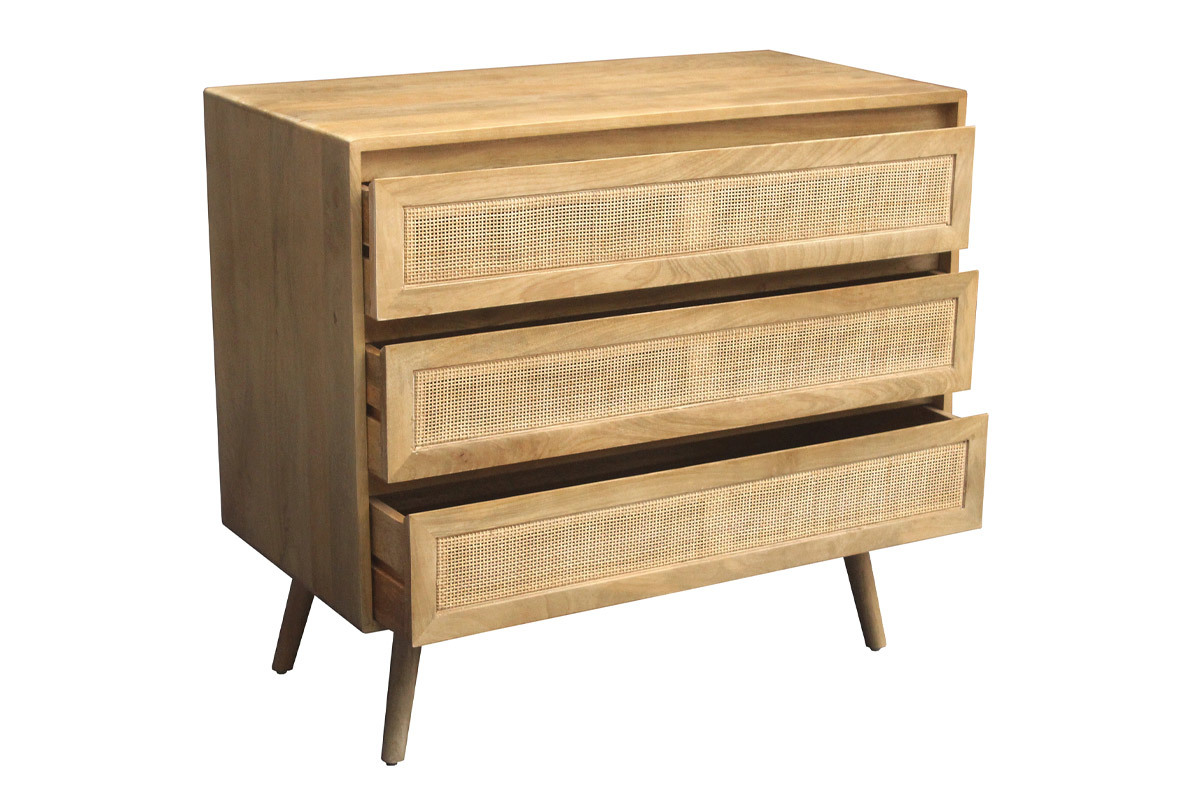 Commode en bois manguier massif et cannage rotin 3 tiroirs L90 cm ACANGE