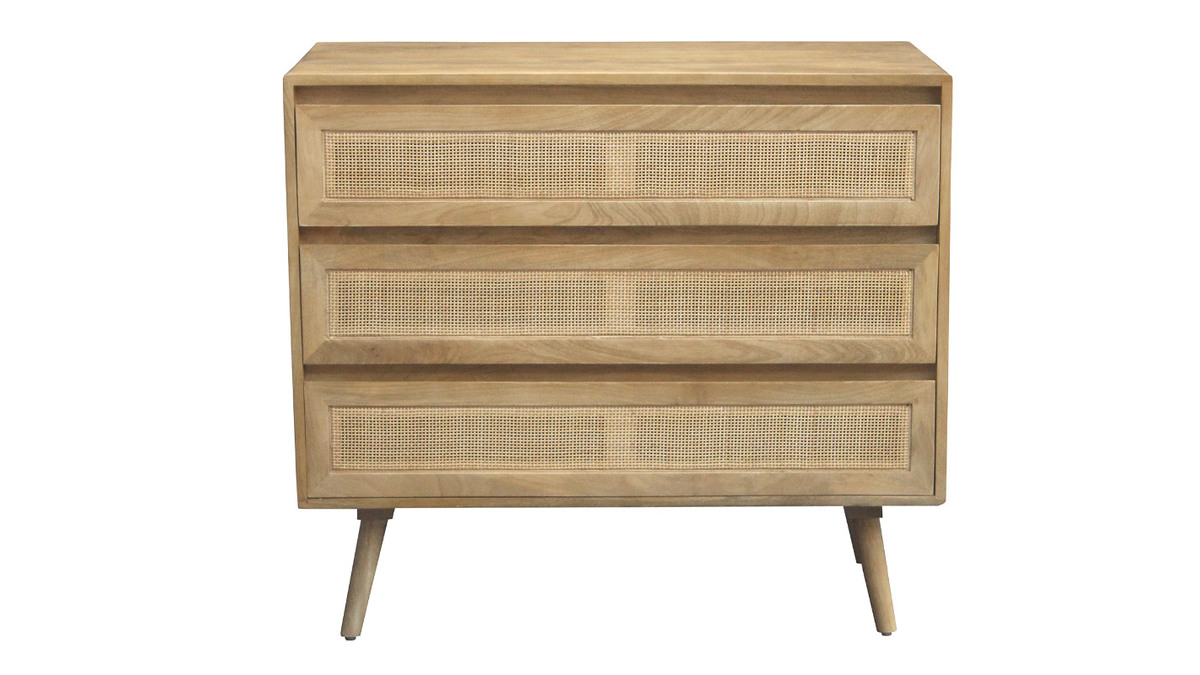 Commode en bois manguier massif et cannage rotin 3 tiroirs L90 cm ACANGE