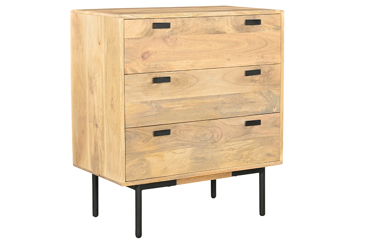 Commode en bois manguier massif et mtal noir 3 tiroirs L70 cm JUDE