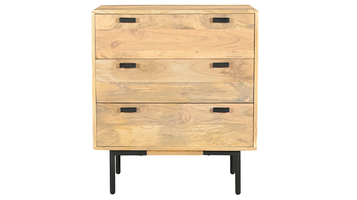 Commode en bois manguier massif et mtal noir 3 tiroirs L70 cm JUDE