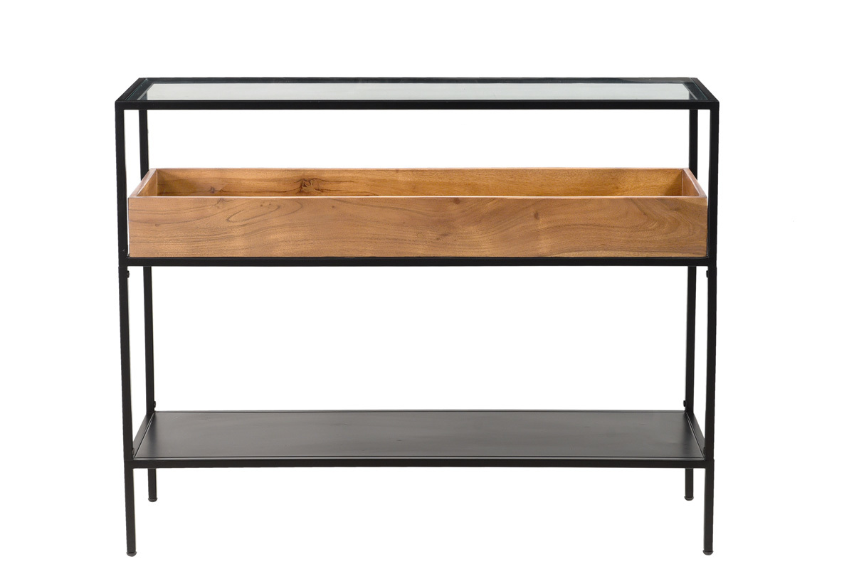 Console avec plateau en verre, rangement en bois massif et mtal noir L100 cm HAORA