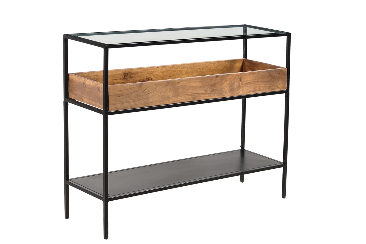 Console avec plateau en verre, rangement en bois massif et mtal noir L100 cm HAORA