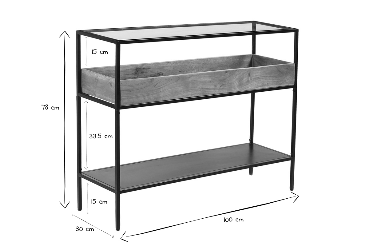 Console avec plateau en verre, rangement en bois massif et mtal noir L100 cm HAORA