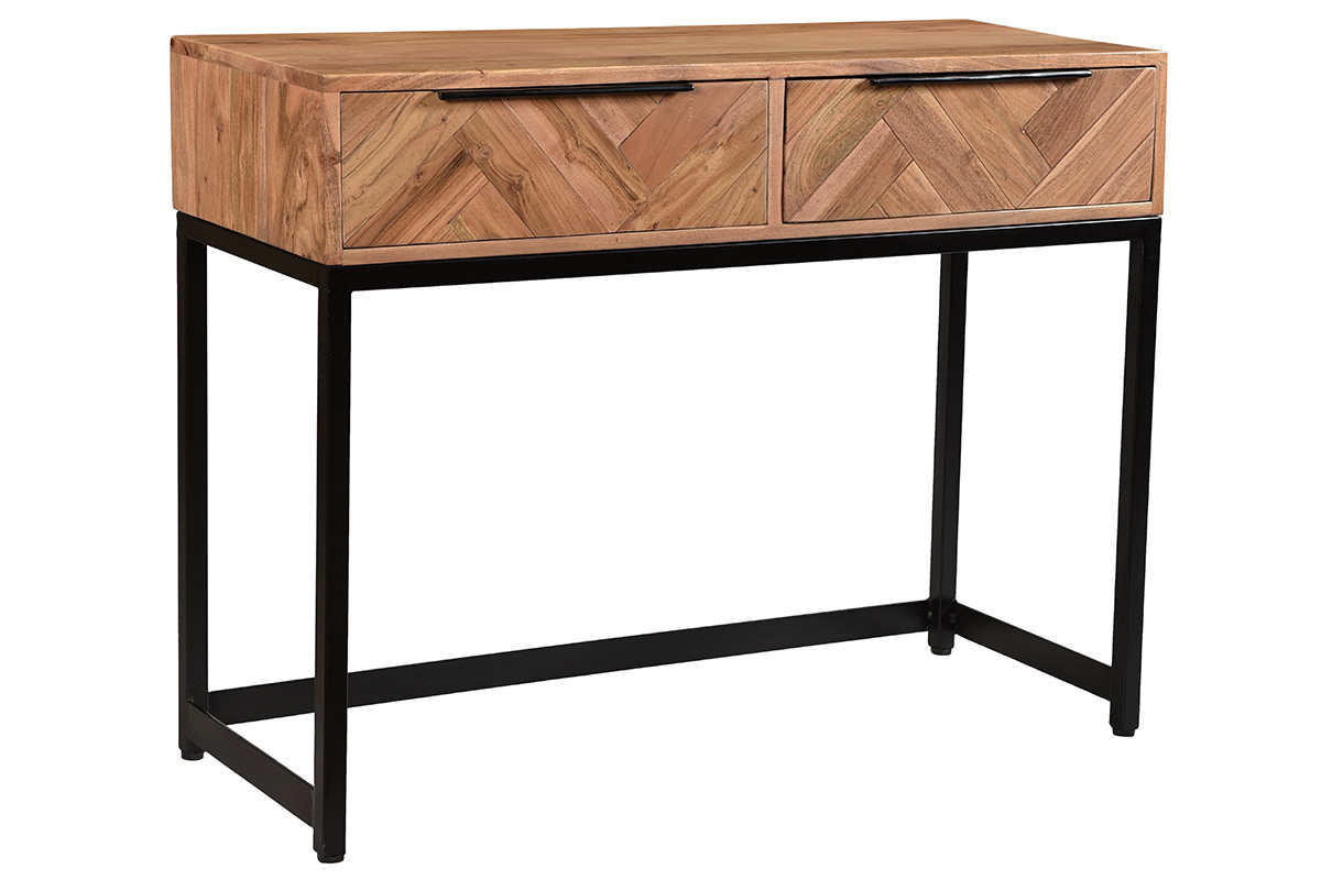 Console avec rangement 2 tiroirs  motifs chevrons en bois massif et mtal noir L100 cm STICK