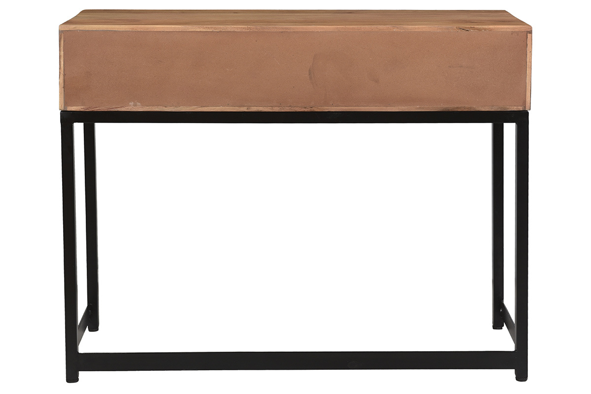 Console avec rangement 2 tiroirs  motifs chevrons en bois massif et mtal noir L100 cm STICK