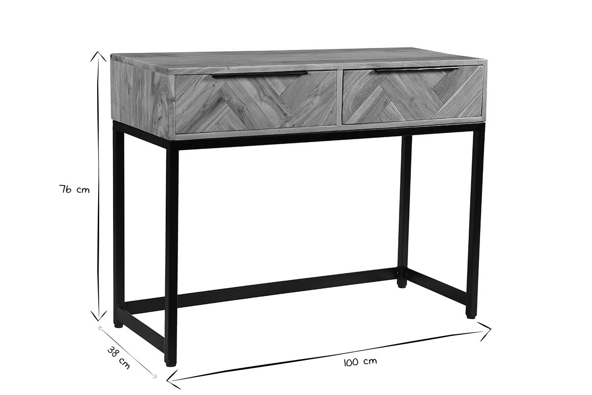 Console avec rangement 2 tiroirs  motifs chevrons en bois massif et mtal noir L100 cm STICK