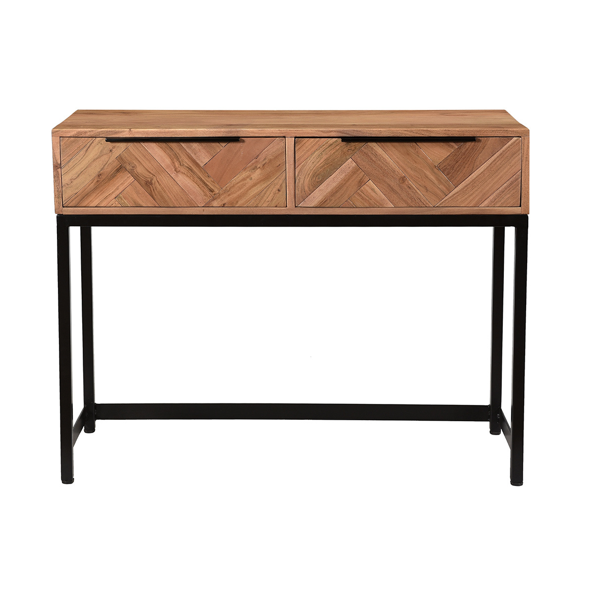 Console avec rangement 2 tiroirs à motifs chevrons en bois massif et métal noir L100 cm STICK