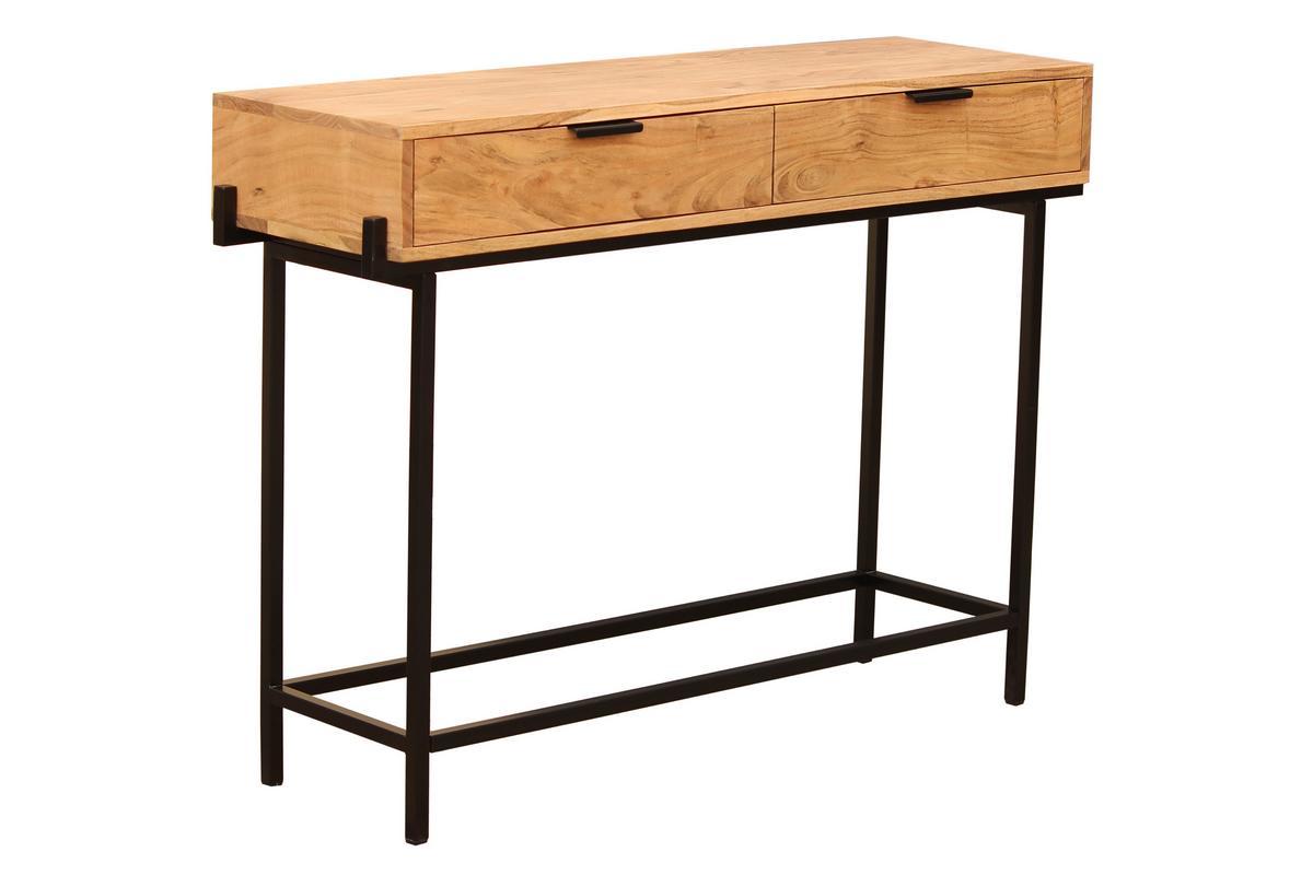 Console avec rangements 2 tiroirs en bois clair massif et mtal noir L110 cm TEMUCO