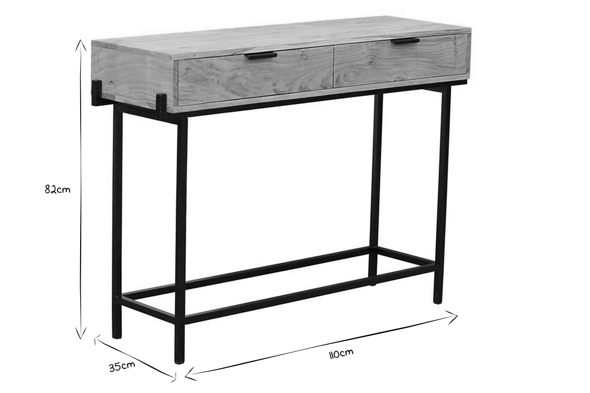 Console avec rangements 2 tiroirs en bois clair massif et mtal noir L110 cm TEMUCO