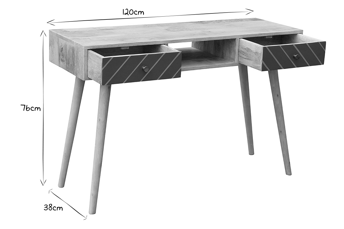 Console avec rangements 2 tiroirs en bois manguier massif, gris fonc et dor L120 cm WALTER