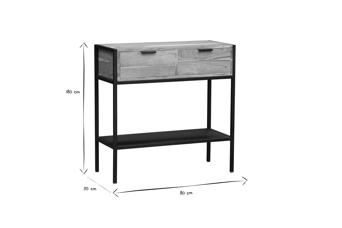 Console avec rangements 2 tiroirs en bois massif et mtal noir L80 cm ARTHUS