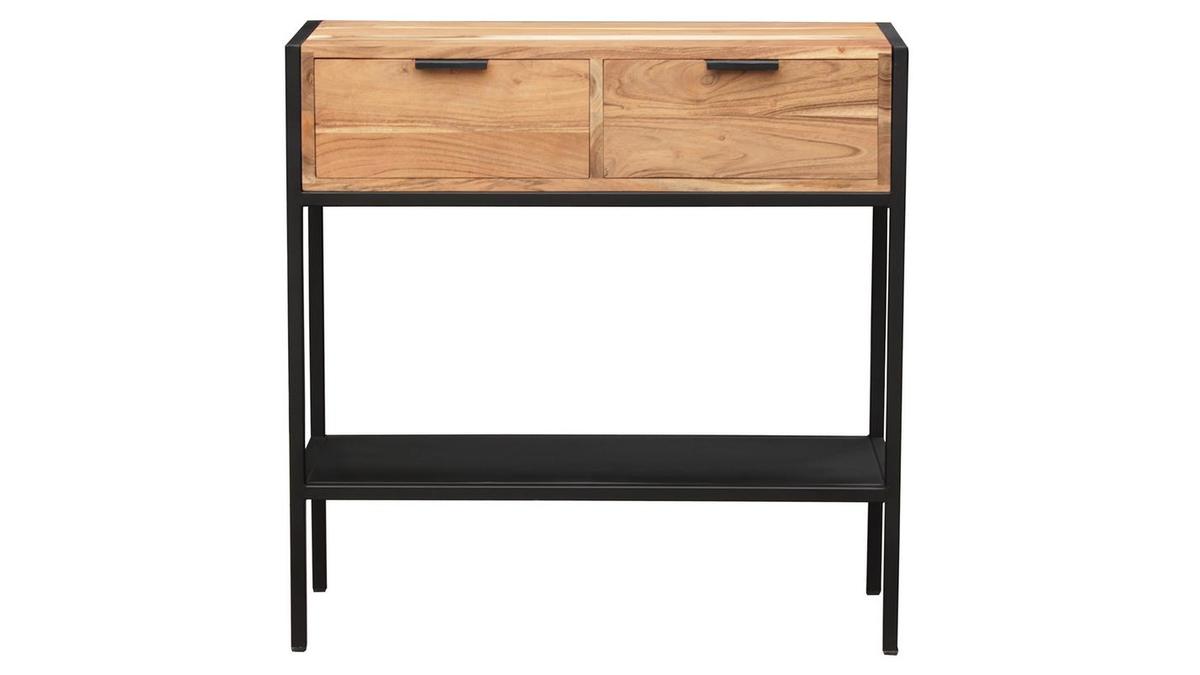 Console avec rangements 2 tiroirs en bois massif et mtal noir L80 cm ARTHUS