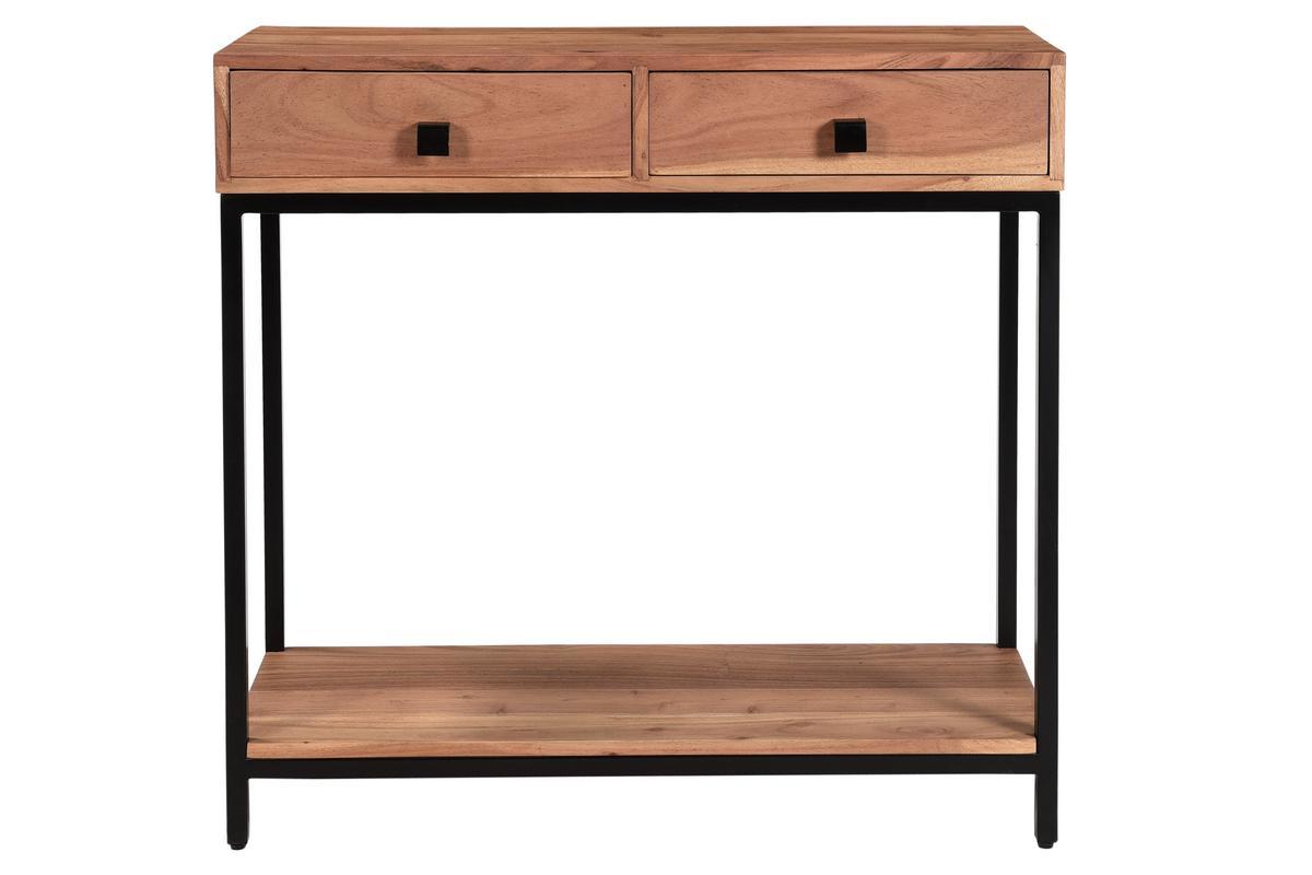 Console avec rangements 2 tiroirs en bois massif et mtal noir L80 cm AXELLE