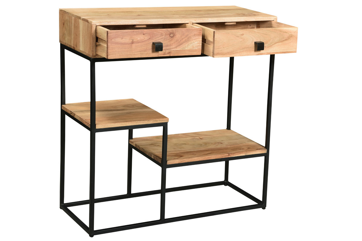 Console avec rangements 2 tiroirs en bois massif et mtal noir L80 cm GRENELLE