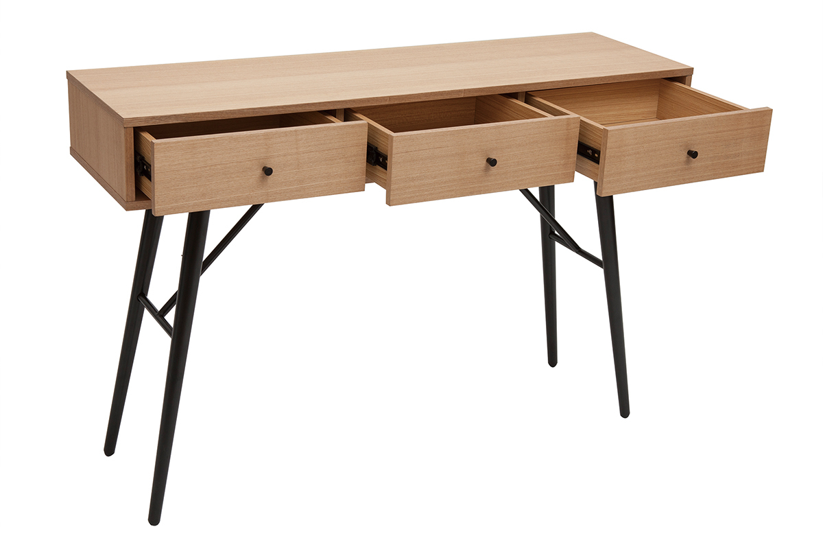 Console avec rangements 3 tiroirs en bois clair et mtal noir L120 cm ALSTORIA