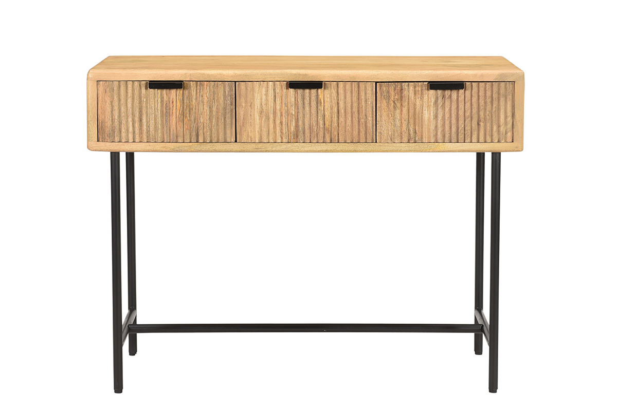 Console avec rangements 3 tiroirs en bois clair manguier massif et mtal noir L100 cm MORISSON