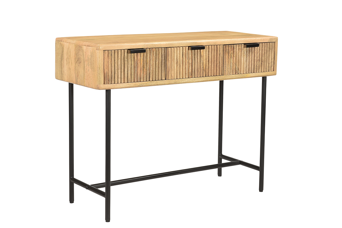 Console avec rangements 3 tiroirs en bois clair manguier massif et mtal noir L100 cm MORISSON