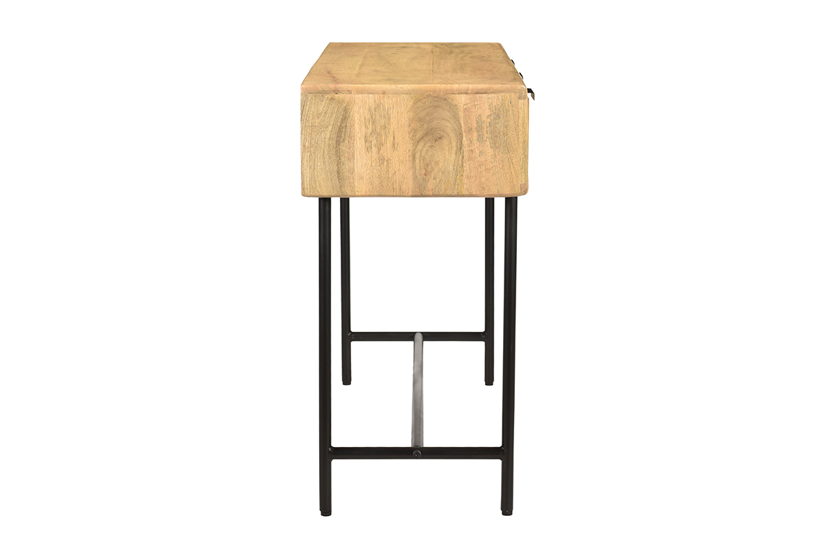 Console avec rangements 3 tiroirs en bois clair manguier massif et mtal noir L100 cm MORISSON