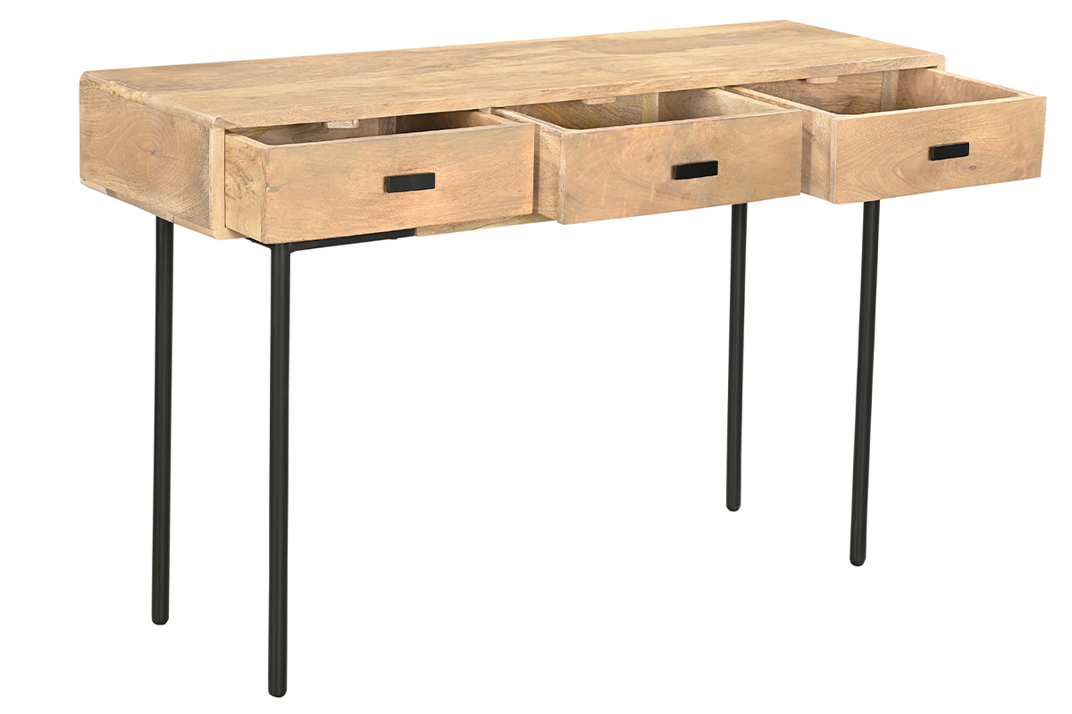 Console avec rangements 3 tiroirs en bois manguier massif et mtal noir L120 cm JUDE