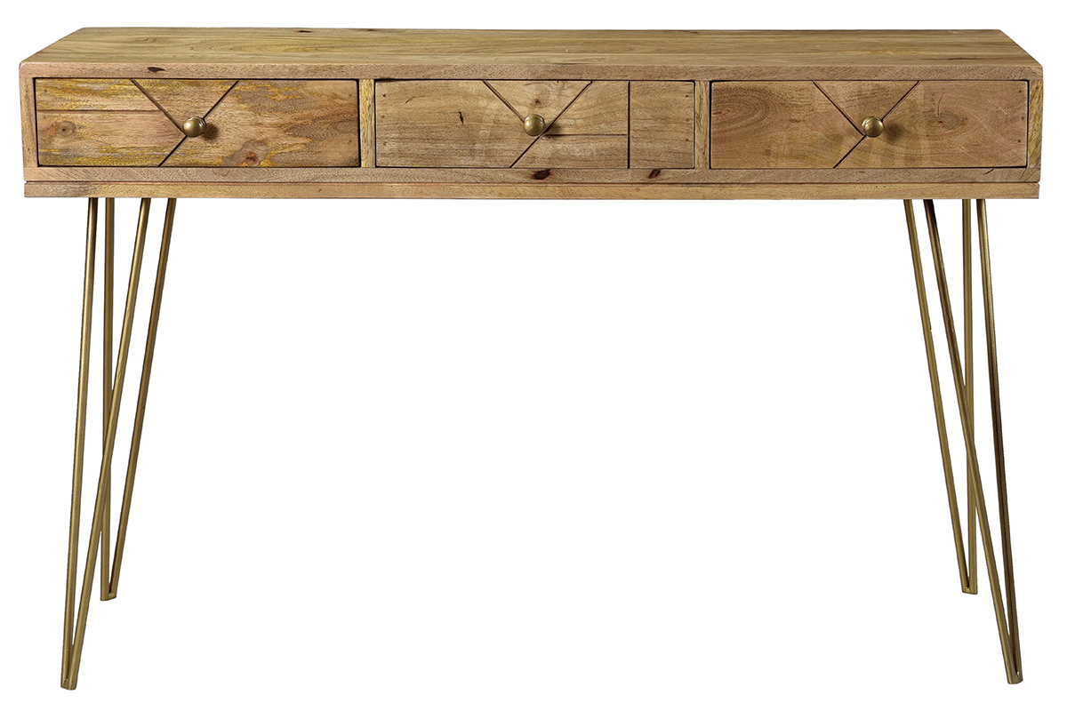 Console avec rangements 3 tiroirs en bois manguier massif grav et mtal dor L120 cm LINIUM