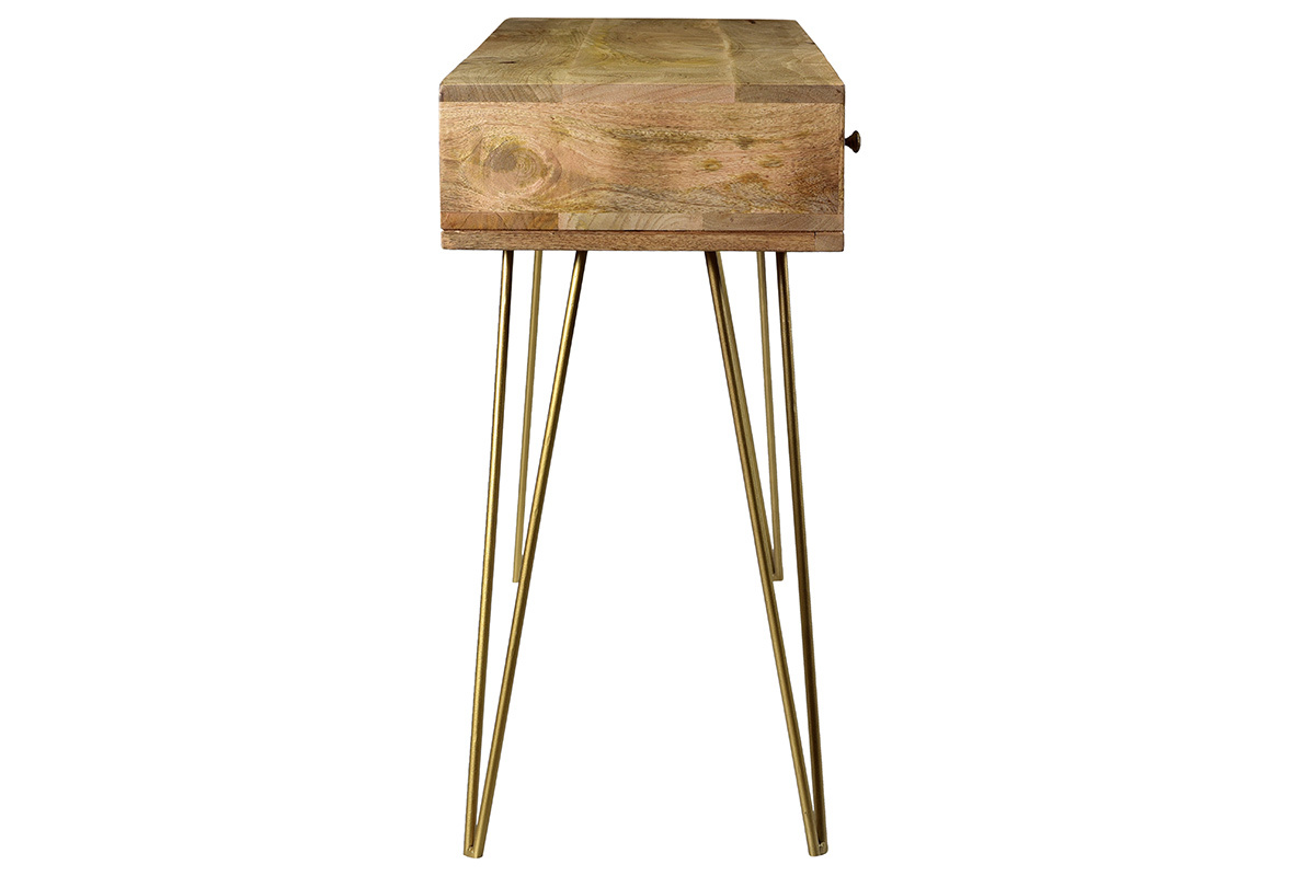 Console avec rangements 3 tiroirs en bois manguier massif grav et mtal dor L120 cm LINIUM