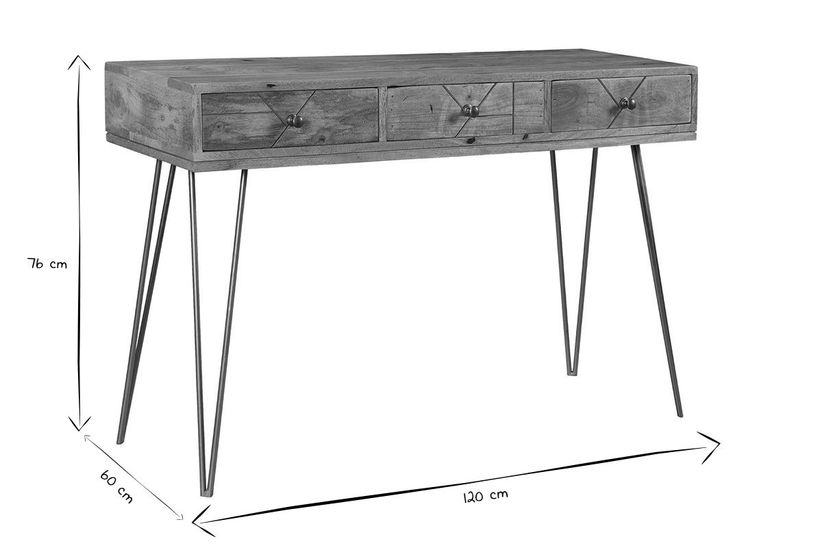 Console avec rangements 3 tiroirs en bois manguier massif grav et mtal dor L120 cm LINIUM