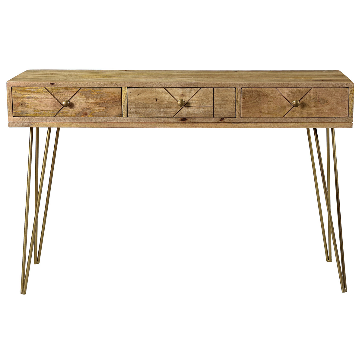 Console avec rangements 3 tiroirs en bois manguier massif gravé et métal doré L120 cm LINIUM