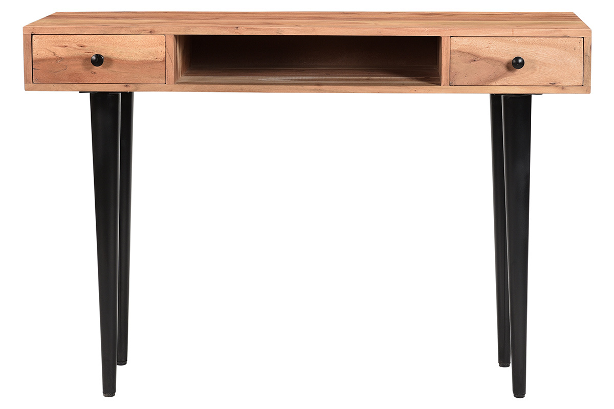 Console bureau d'appoint avec rangements 2 tiroirs en bois clair massif et mtal noir L115 cm LORD