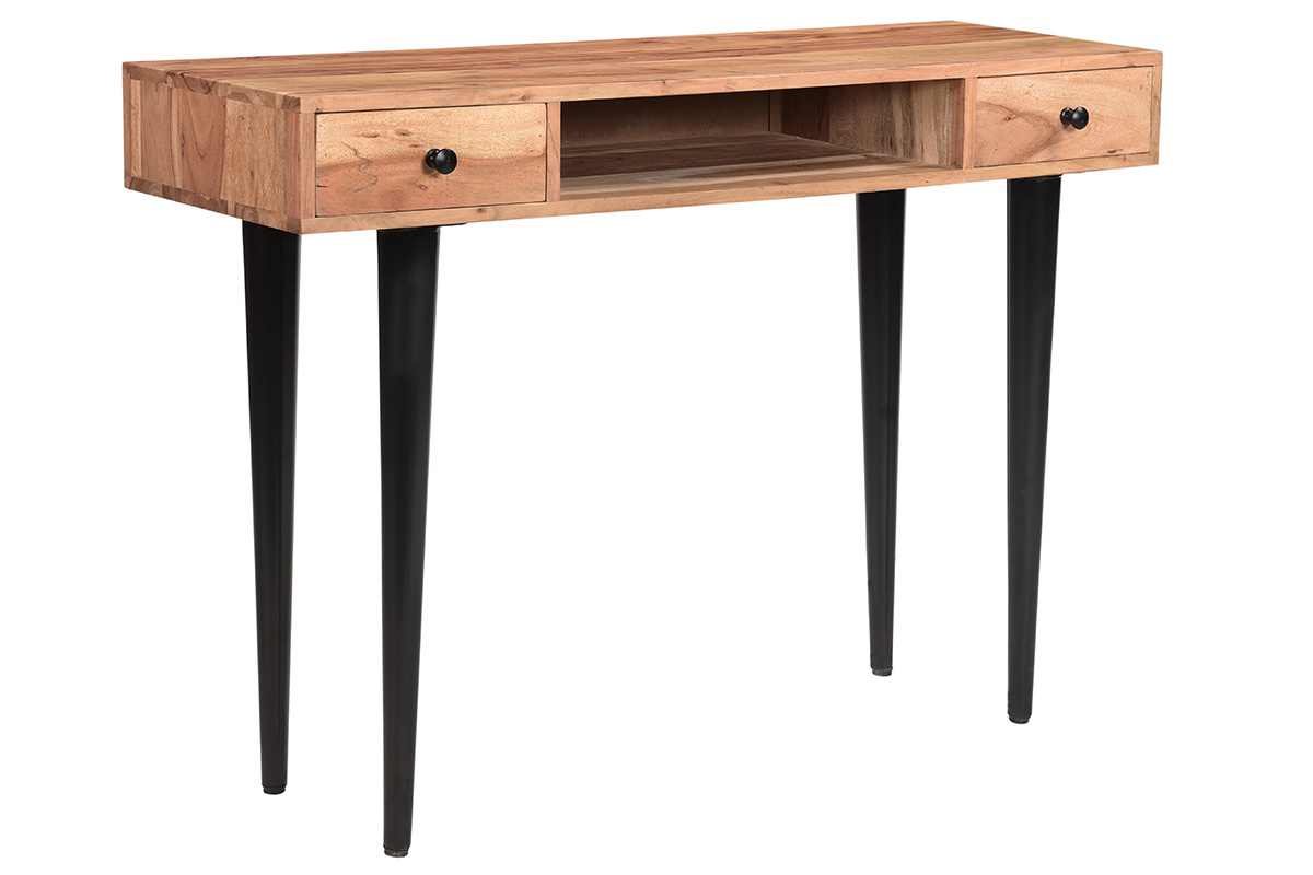 Console bureau d'appoint avec rangements 2 tiroirs en bois clair massif et mtal noir L115 cm LORD