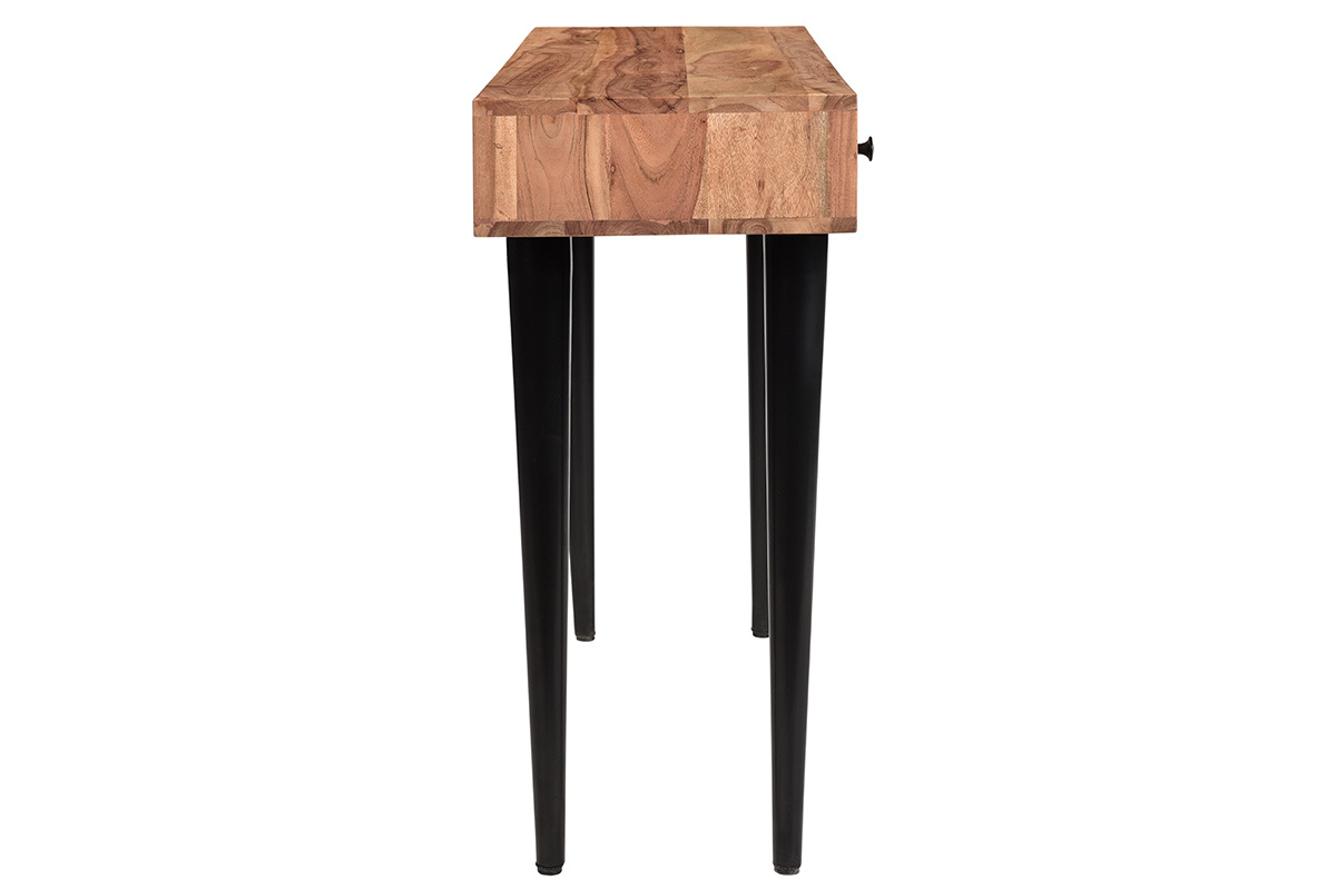 Console bureau d'appoint avec rangements 2 tiroirs en bois clair massif et mtal noir L115 cm LORD