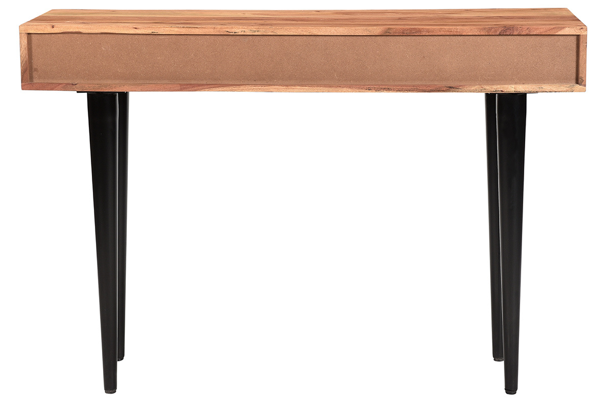 Console bureau d'appoint avec rangements 2 tiroirs en bois clair massif et mtal noir L115 cm LORD