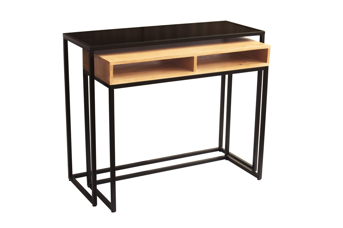 Console bureau d'appoint avec rangements casiers en bois manguier massif et mtal noir L100 cm YPKA