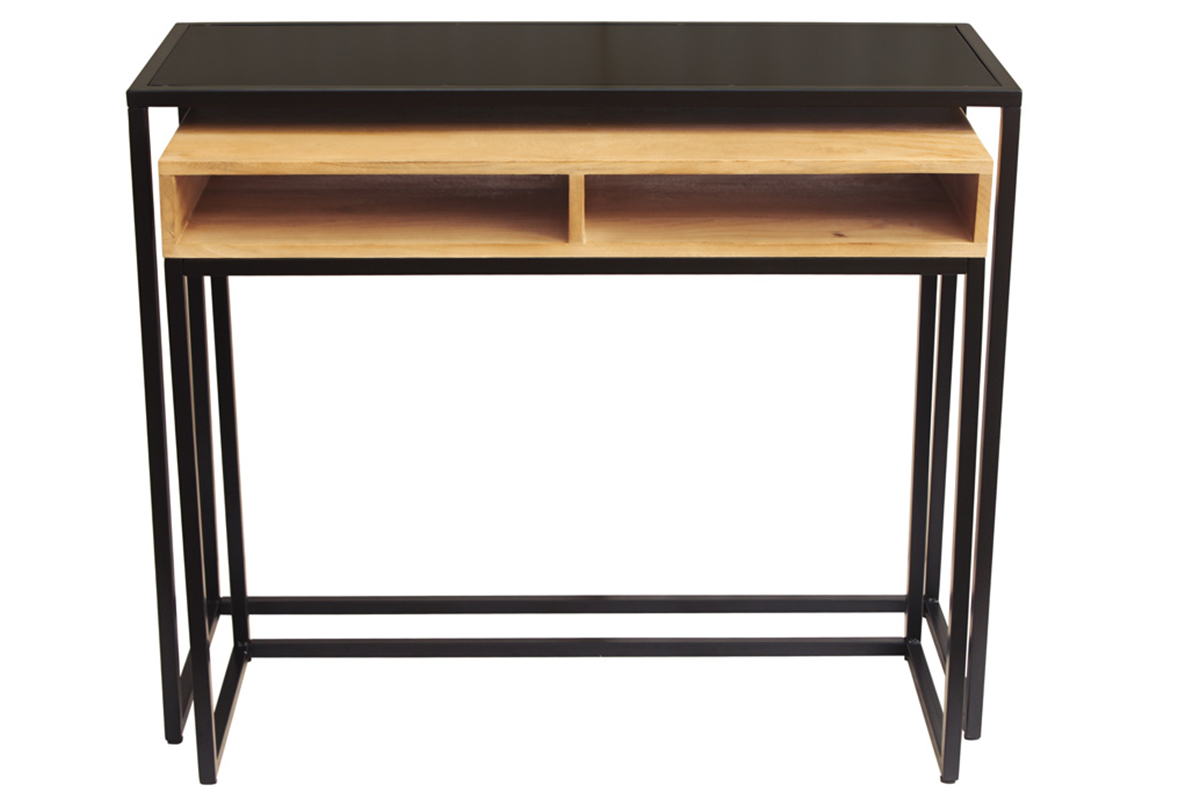 Console bureau d'appoint avec rangements casiers en bois manguier massif et mtal noir L100 cm YPKA