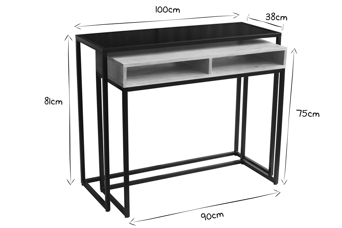 Console bureau d'appoint avec rangements casiers en bois manguier massif et mtal noir L100 cm YPKA