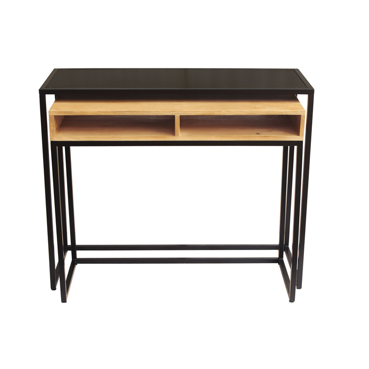 Console bureau d'appoint avec rangements casiers en bois manguier massif et métal noir L100 cm YPKA