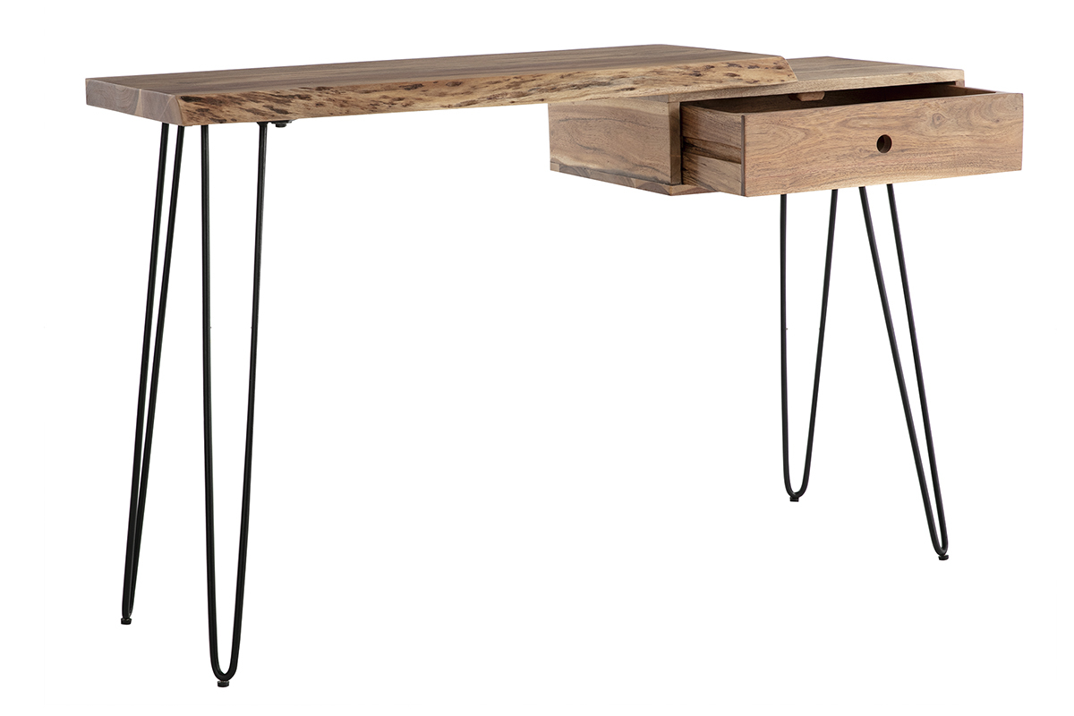 Console Bureau En Acacia Massif Et Metal Noir Pina Miliboo