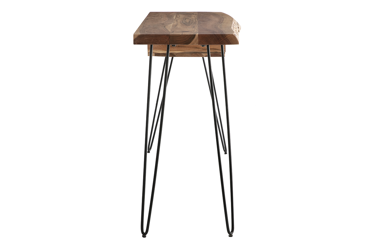 Console bureau en bois massif et mtal noir 1 tiroir L120 cm PINA