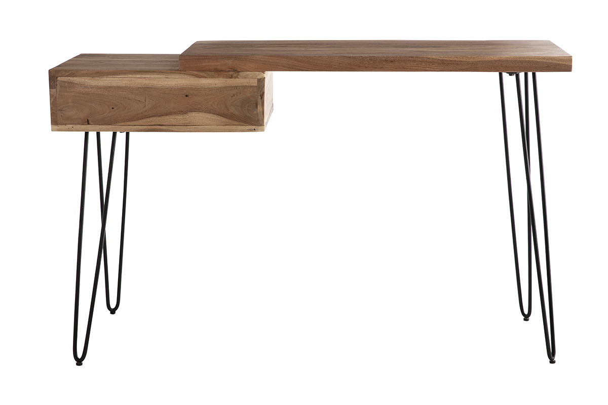 Console bureau en bois massif et mtal noir 1 tiroir L120 cm PINA