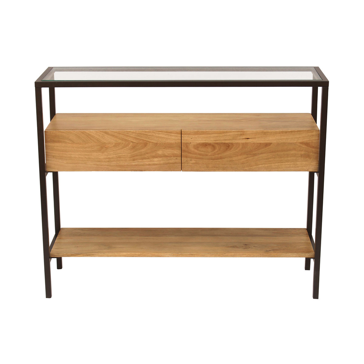 Console en bois manguier massif et plateau en verre 2 tiroirs L100 cm SITA