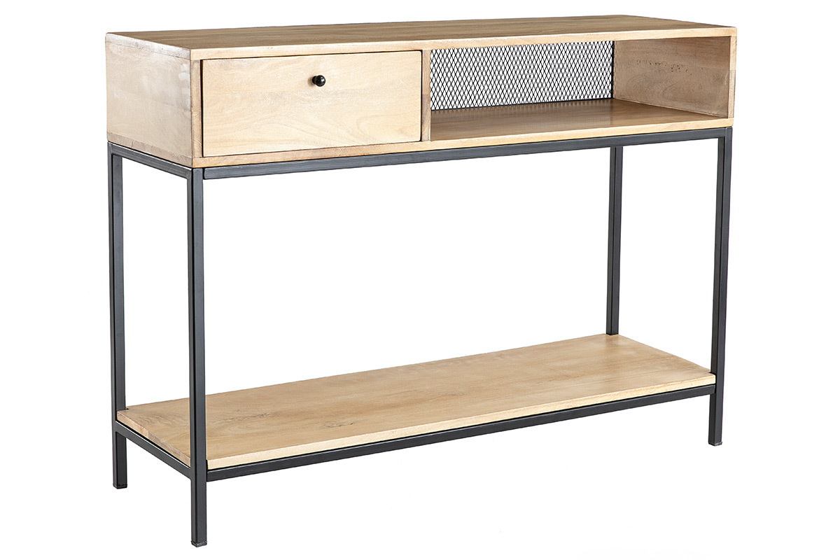 Console industrielle avec rangements 1 tiroir et 1 niche en bois clair manguier massif et mtal noir L110 cm RACK